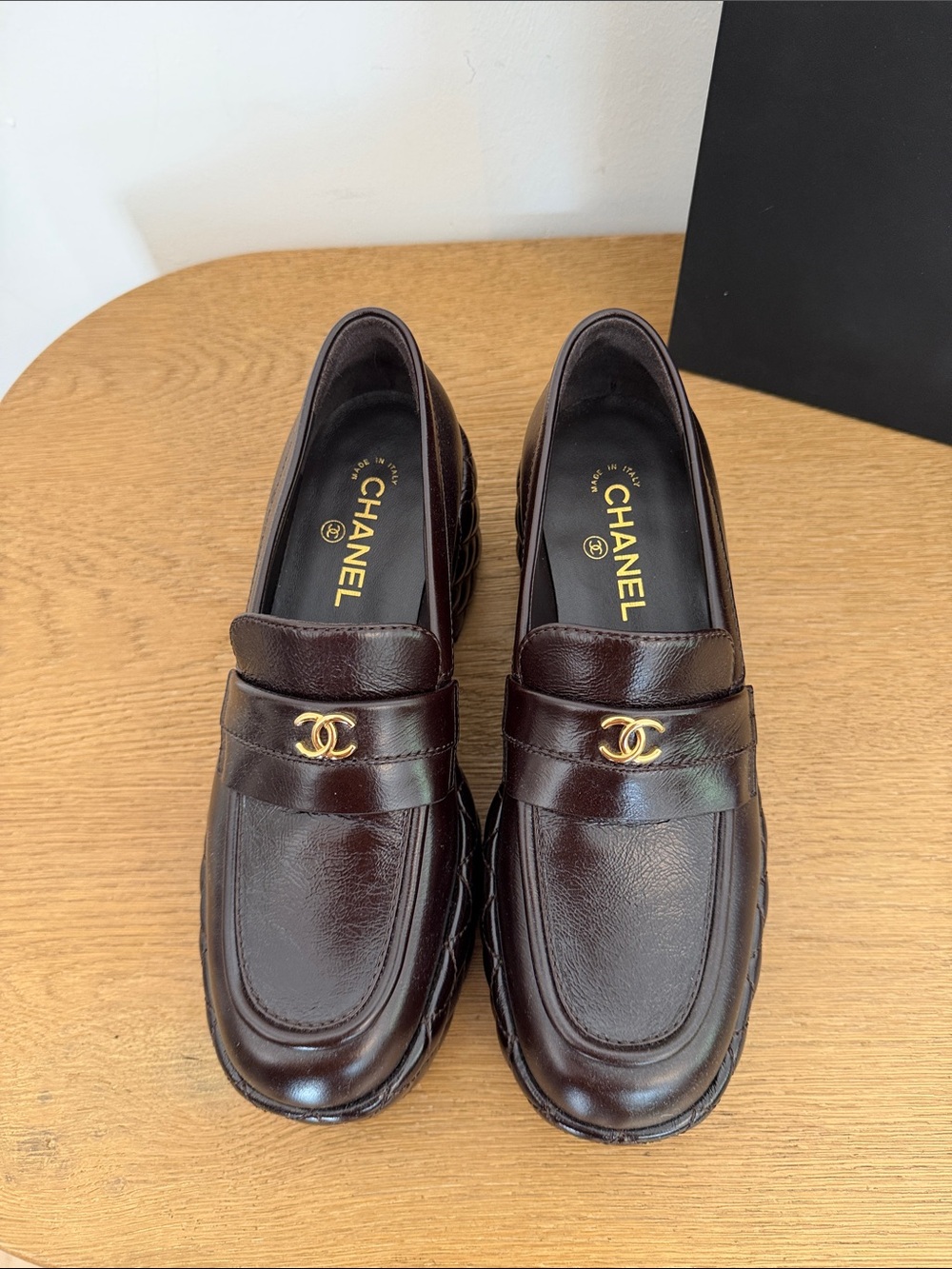 CHANEL Brown Quilted Platform Penny Loafers with Gold CC - Picture 9 of 9